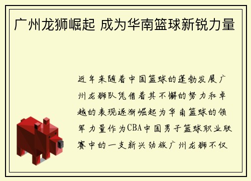 广州龙狮崛起 成为华南篮球新锐力量
